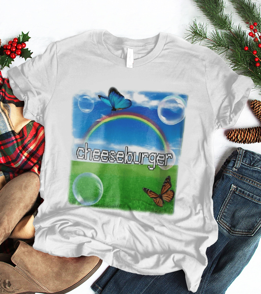 Cheeseburger Pixel Text Rainbow Butterflies Floating Bubbles T-Shirt