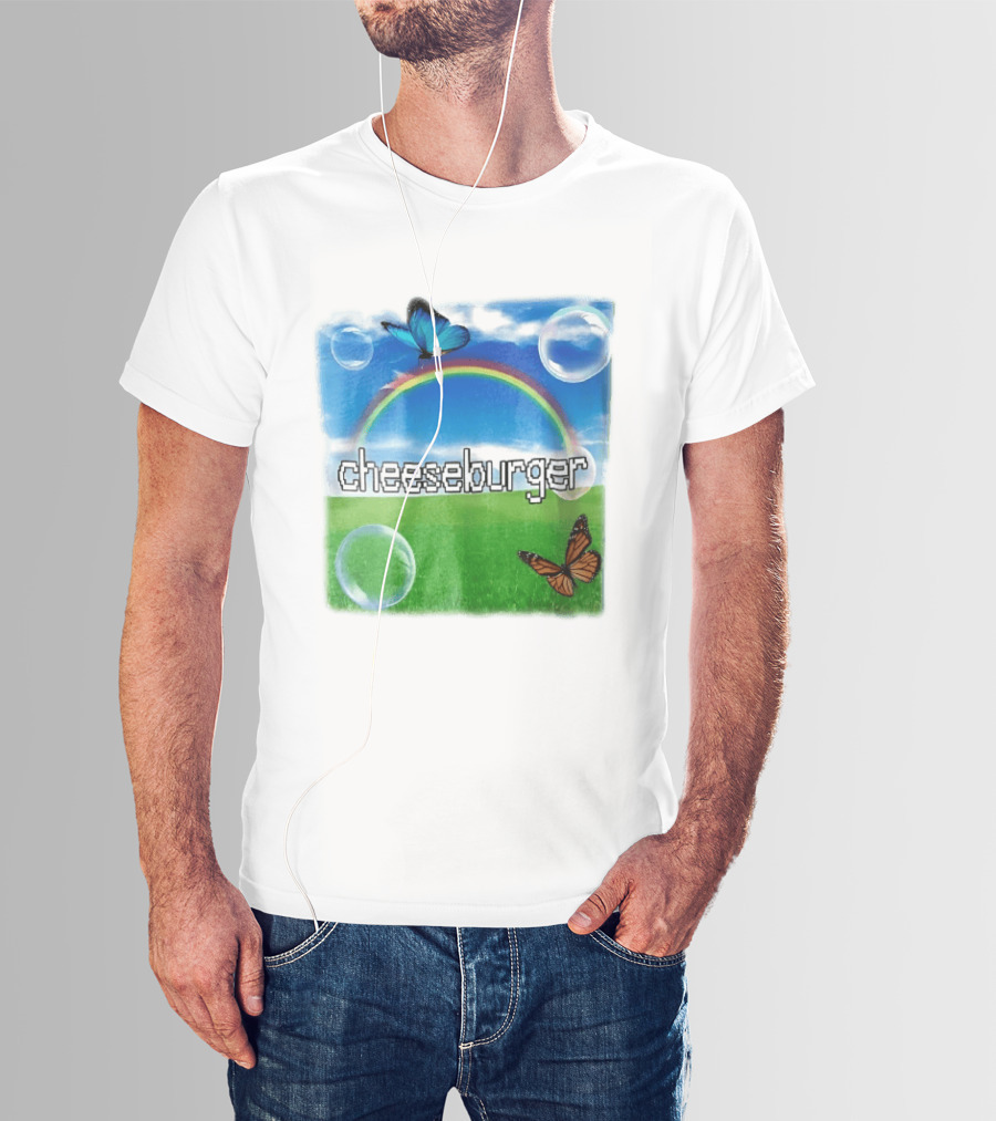 Cheeseburger Pixel Text Rainbow Butterflies Floating Bubbles T-Shirt