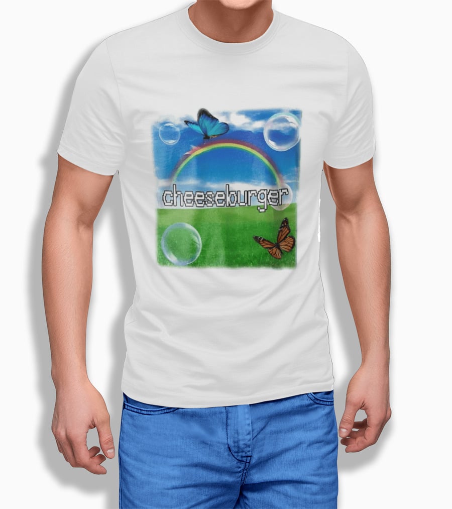 Cheeseburger Pixel Text Rainbow Butterflies Floating Bubbles T-Shirt