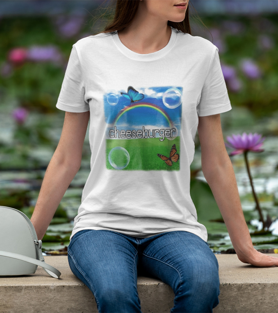 Cheeseburger Pixel Text Rainbow Butterflies Floating Bubbles T-Shirt