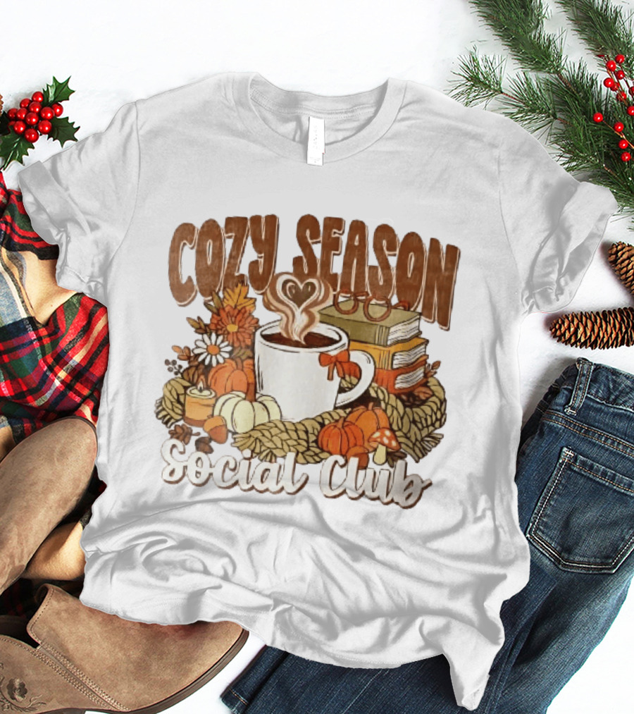 Cozy Season Social Club Coffee Books Pumpkins Knitted Blanket Autumn Vibes T-Shirt