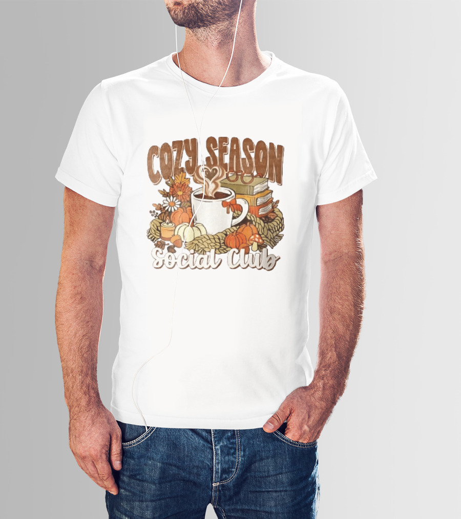 Cozy Season Social Club Coffee Books Pumpkins Knitted Blanket Autumn Vibes T-Shirt