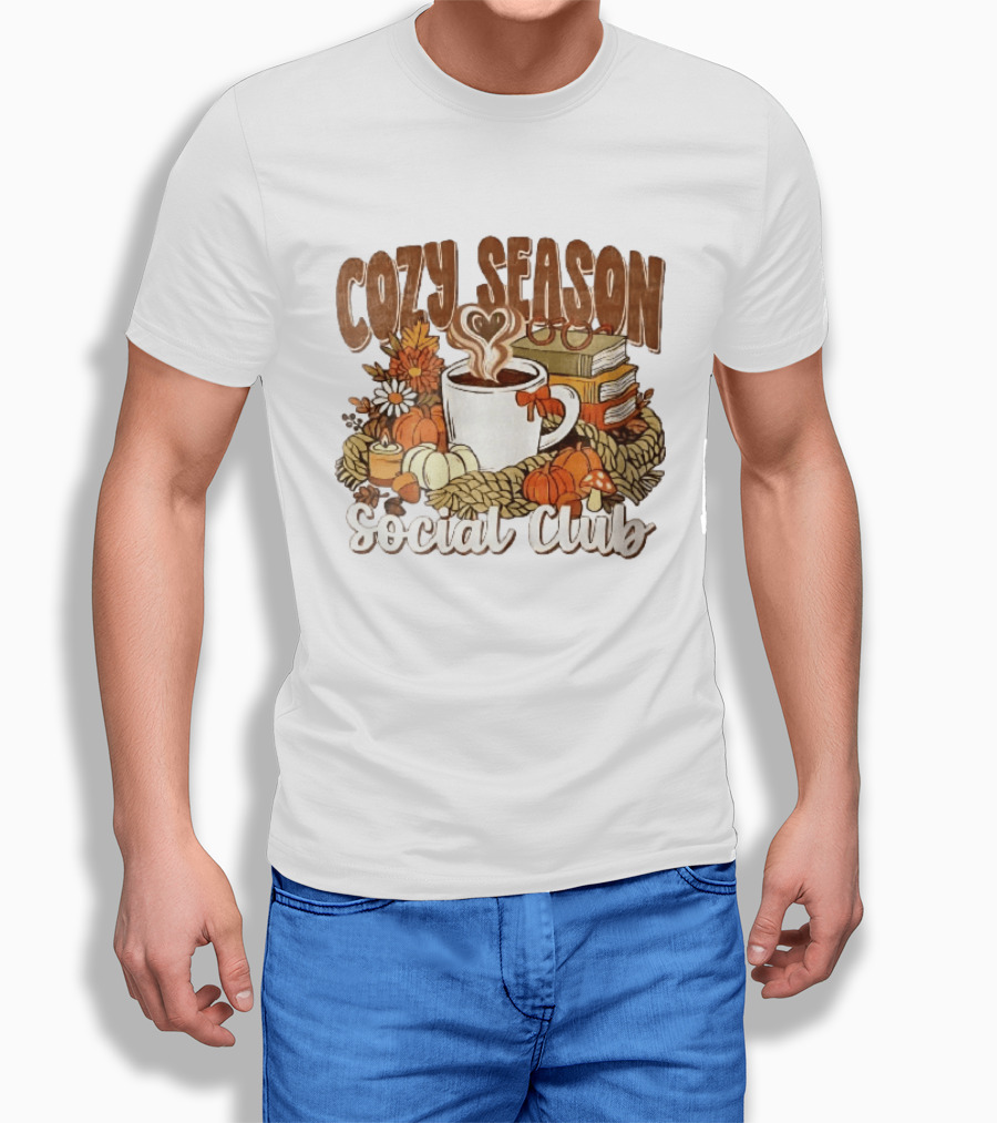 Cozy Season Social Club Coffee Books Pumpkins Knitted Blanket Autumn Vibes T-Shirt