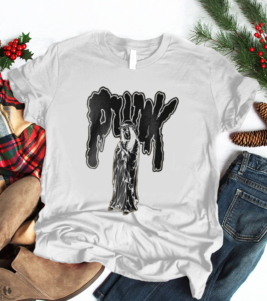 Punk Dripping Hooded Skeleton Praying Crown Of Thorns T-Shirt