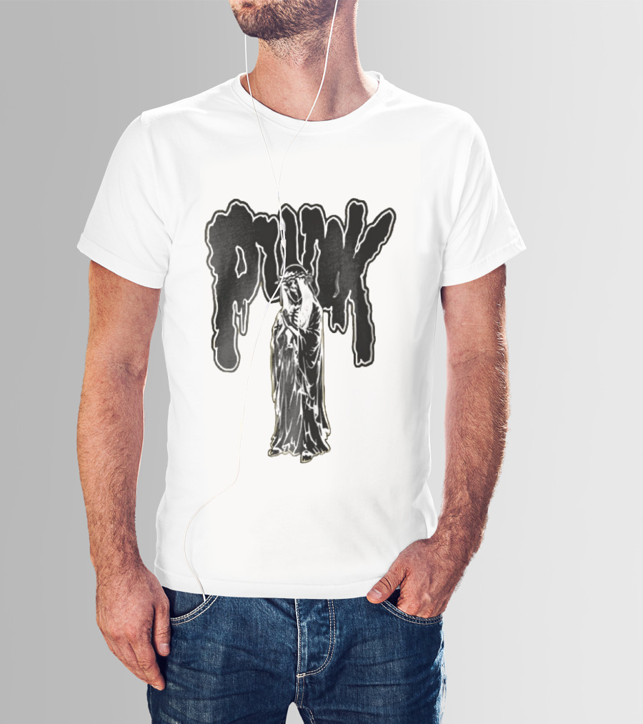 Punk Dripping Hooded Skeleton Praying Crown Of Thorns T-Shirt