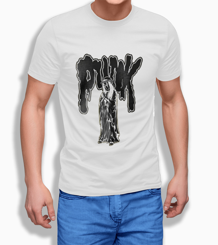 Punk Dripping Hooded Skeleton Praying Crown Of Thorns T-Shirt