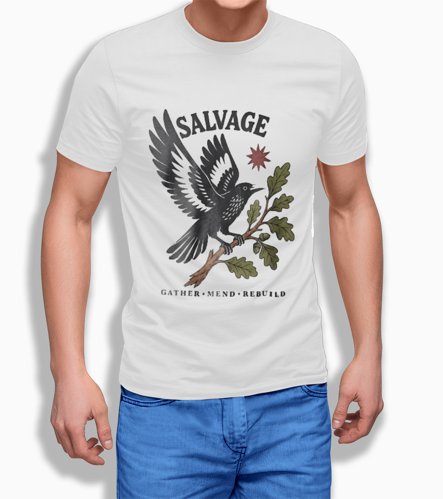 Salvage Gather Mend Rebuild Bird On Oak Branch With Acorns T-Shirt