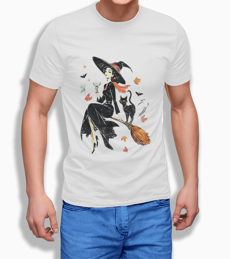 Witch Cat Ringer Spooky Fall Pumpkin Halloween Vintage Witch And Black Cat On Broomstick With Coffee Cup And Autumn Leaves T-Shirt