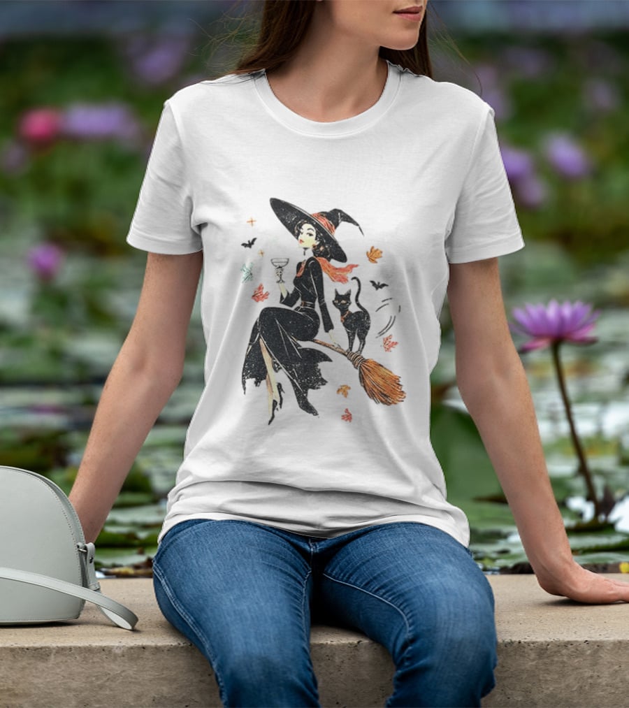 Witch Cat Ringer Spooky Fall Pumpkin Halloween Vintage Witch And Black Cat On Broomstick With Coffee Cup And Autumn Leaves T-Shirt