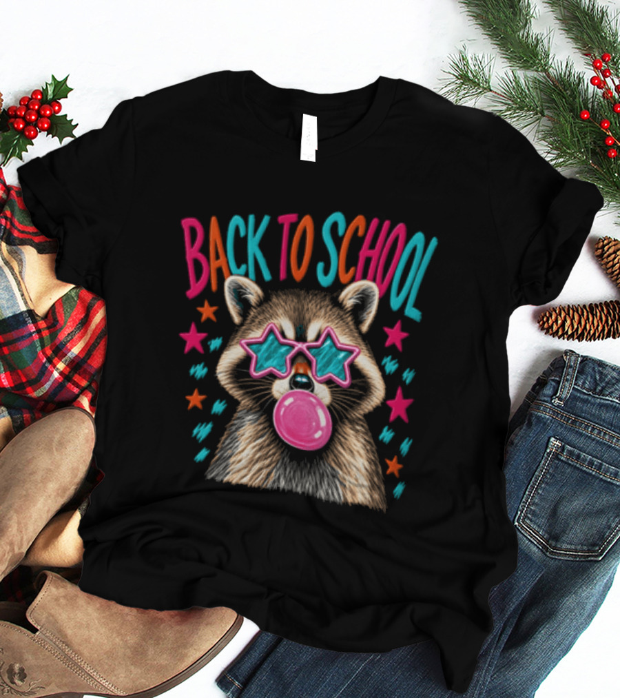 Back To School Raccoon Bubble Gum Star Sunglasses Fun Fashion T-Shirt