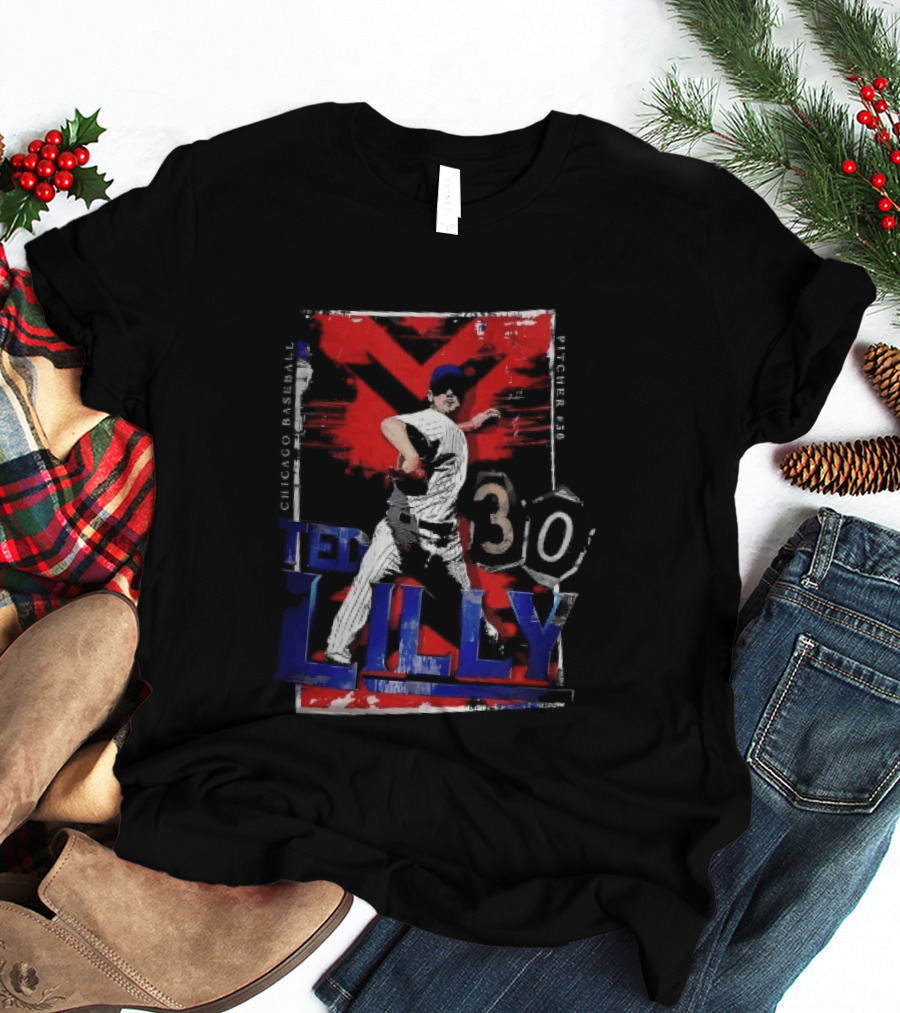 Chicago Baseball MLB Pitcher Ted Lilly 30 Distressed Red Black Collage Throwing Photo T-Shirt