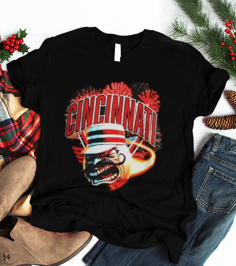 Cincinnati Reds Angry Pillbox Hat Fireball Fireworks MLB T-Shirt