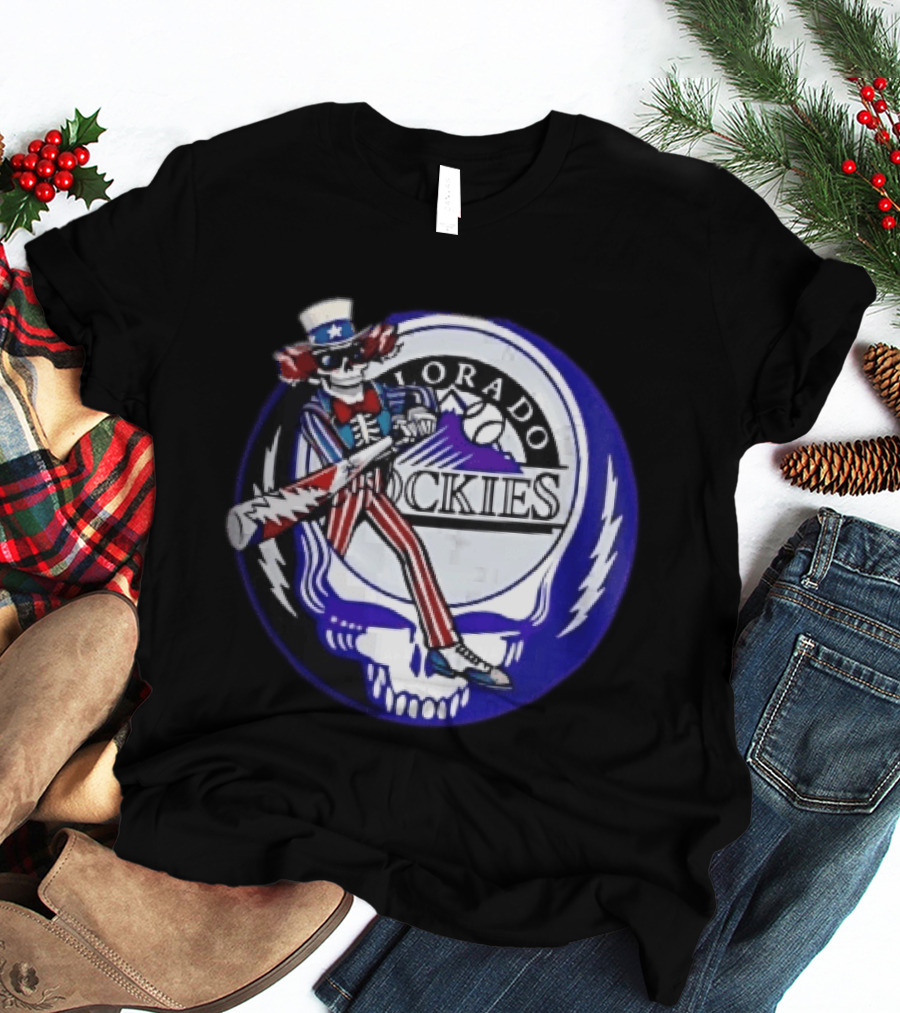 Colorado Rockies Grateful Dead Uncle Sam Skeleton Batting Lightning Stealie Skull T-Shirt