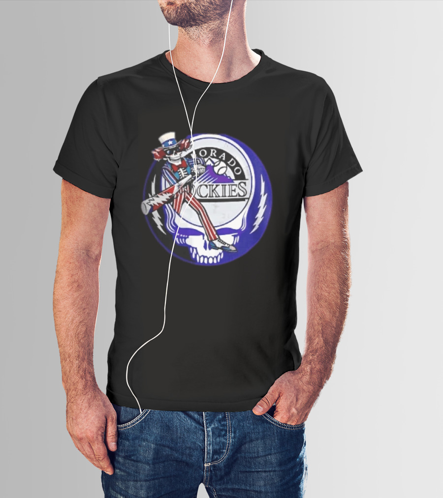Colorado Rockies Grateful Dead Uncle Sam Skeleton Batting Lightning Stealie Skull T-Shirt