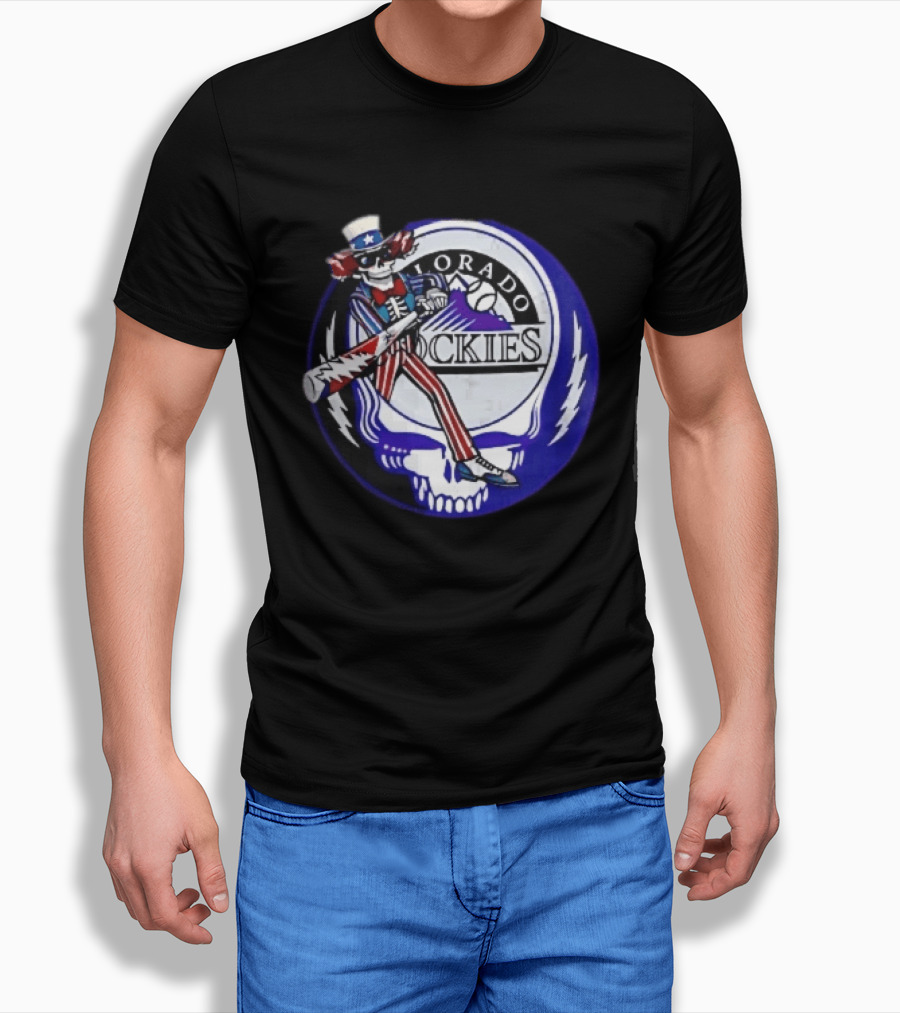 Colorado Rockies Grateful Dead Uncle Sam Skeleton Batting Lightning Stealie Skull T-Shirt