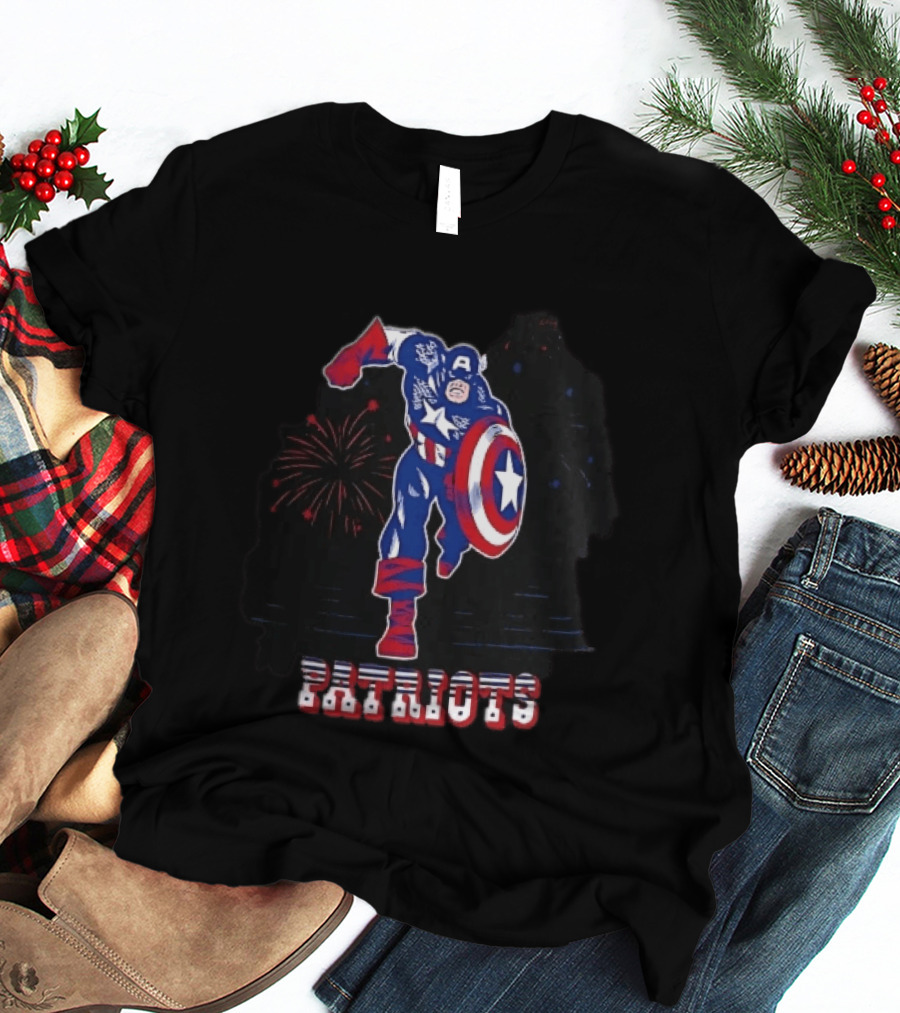 Patriots Captain America Shield Fireworks Cartoon T-Shirt
