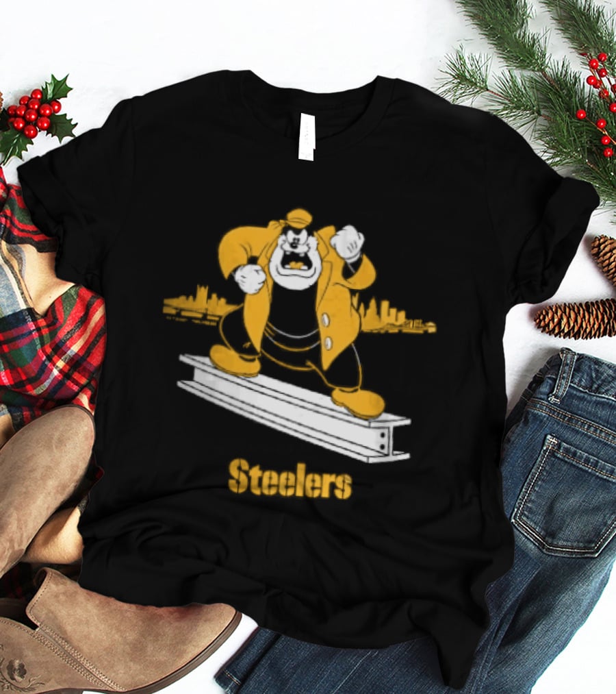 Pittsburgh Steelers Cartoon Pete On Steel Beam Cityscape T-Shirt