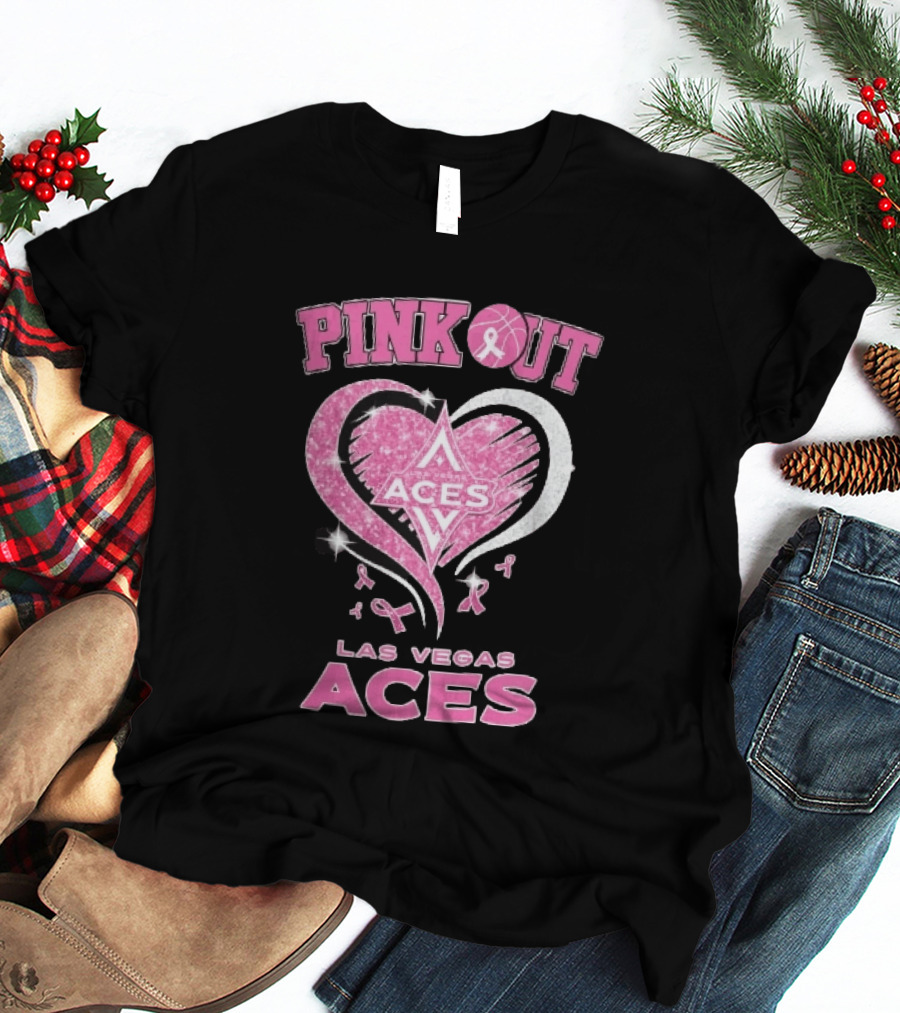 Las Vegas Aces Pink Out Glitter Heart Breast Cancer Awareness Ribbons WNBA T-Shirt