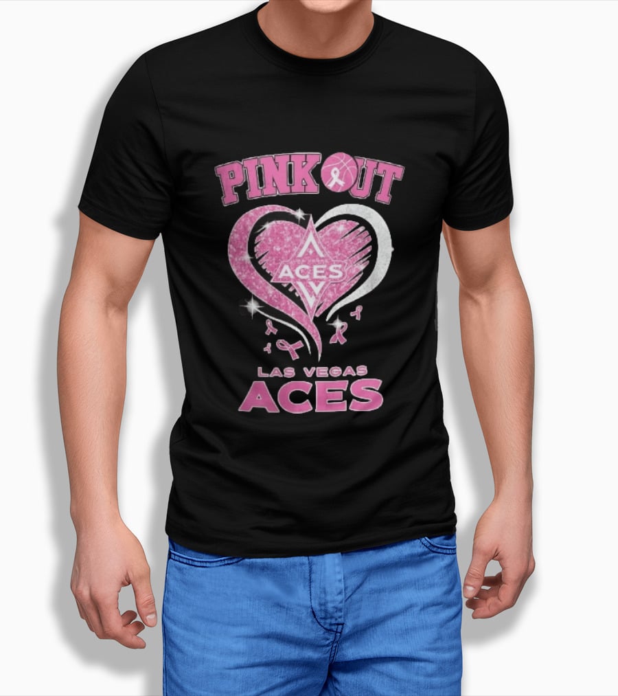 Las Vegas Aces Pink Out Glitter Heart Breast Cancer Awareness Ribbons WNBA T-Shirt