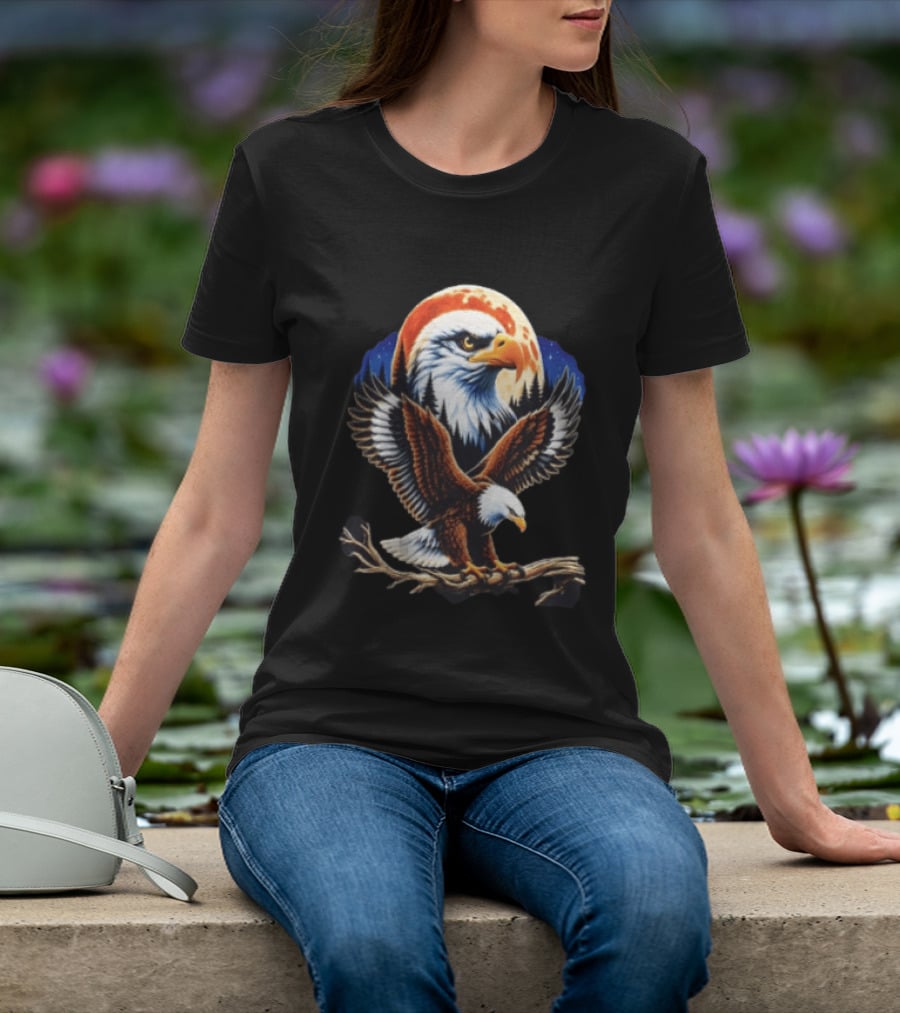 Majestic Bald Eagle With Full Moon And Forest T-Shirt