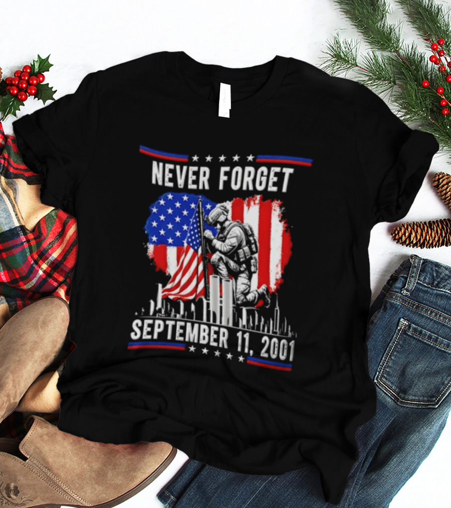 Never Forget September 11 2001 Soldier American Flag Memorial T-Shirt