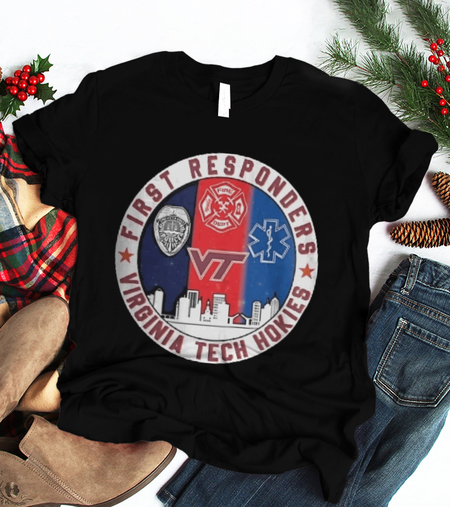 Virginia Tech Hokies First Responders Police Fire Dept EMS Star Skyline T-Shirt