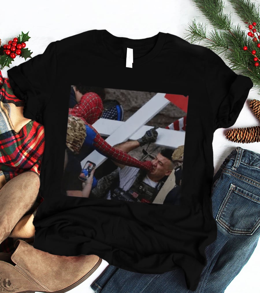 Spiderman Punching Man Holding Cross And Flag Image T-Shirt