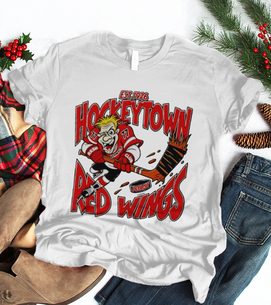 Detroit Red Wings Hockeytown Est. 1926 Vintage Cartoon Player With Flaming Hockey Stick T-Shirt