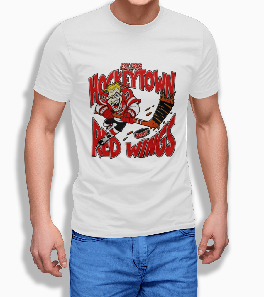 Detroit Red Wings Hockeytown Est. 1926 Vintage Cartoon Player With Flaming Hockey Stick T-Shirt