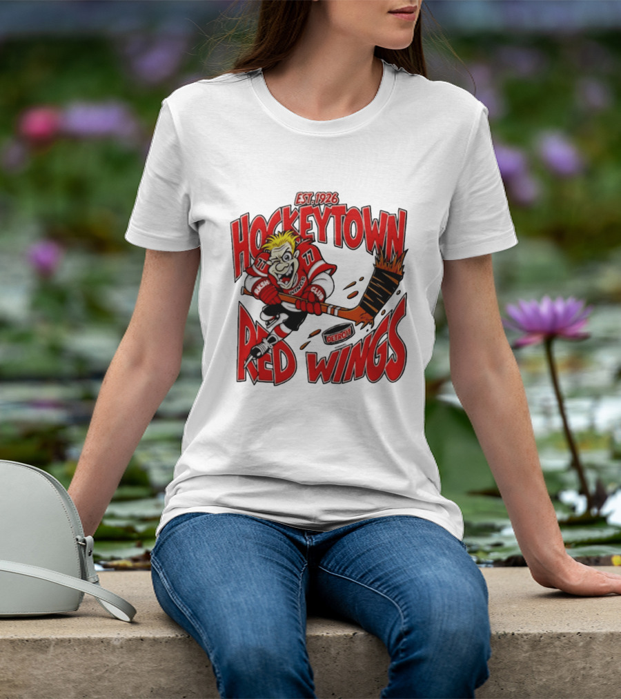 Detroit Red Wings Hockeytown Est. 1926 Vintage Cartoon Player With Flaming Hockey Stick T-Shirt