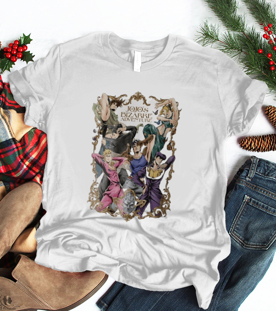 JoJo's Bizarre Adventure Characters Posing In Ornate Gold Frame With Stone Mask T-Shirt