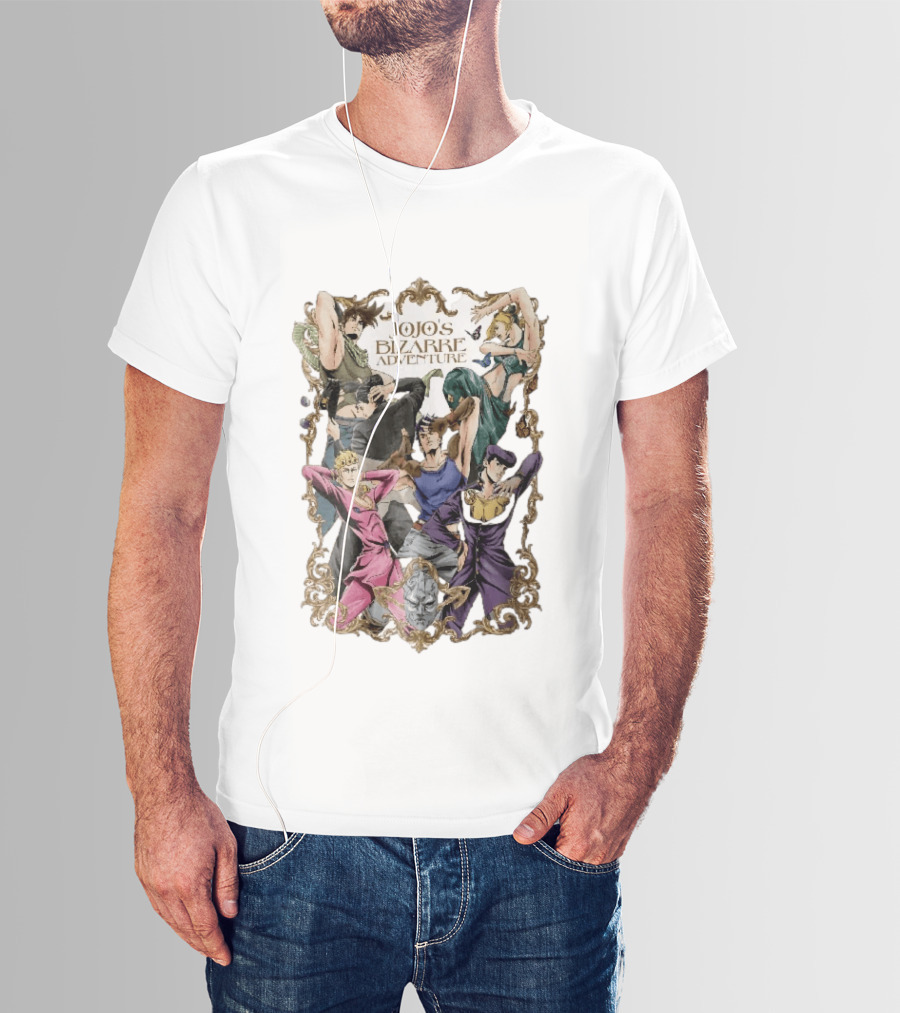 JoJo's Bizarre Adventure Characters Posing In Ornate Gold Frame With Stone Mask T-Shirt