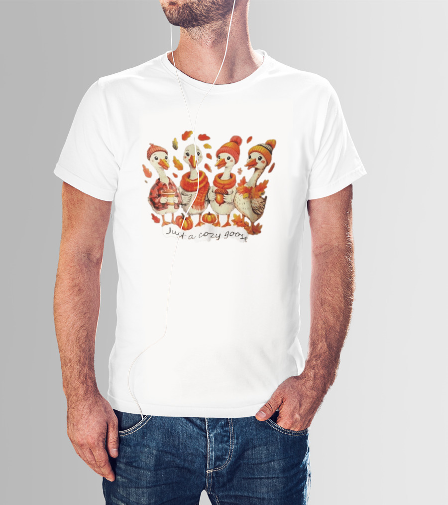 Cozy Goose Autumn Theme Four Cartoon Birds Leaves Pumpkins T-Shirt