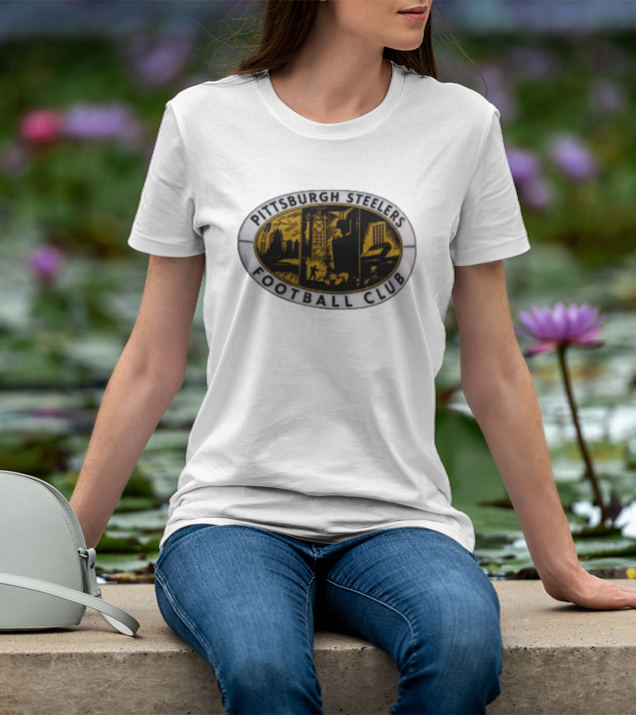 Pittsburgh Steelers Football Club Distressed Oval Emblem Cityscape T-Shirt