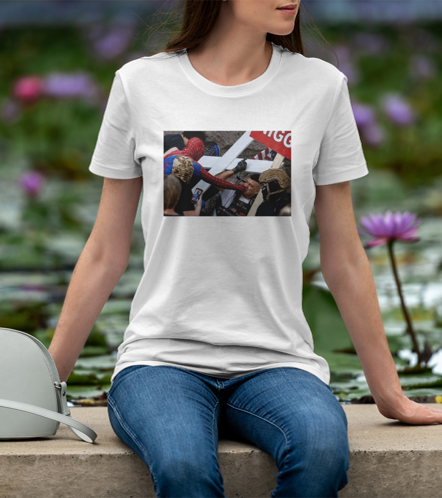 Spiderman Punch A Nazi Protest Scene With Cross And American Flag T-Shirt