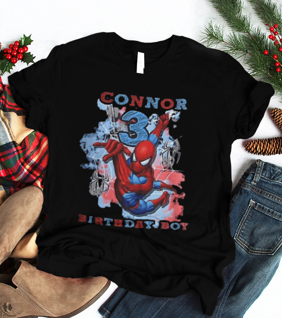 Connor 3 Birthday Boy Spider Man Web Slinging Cartoon T-Shirt