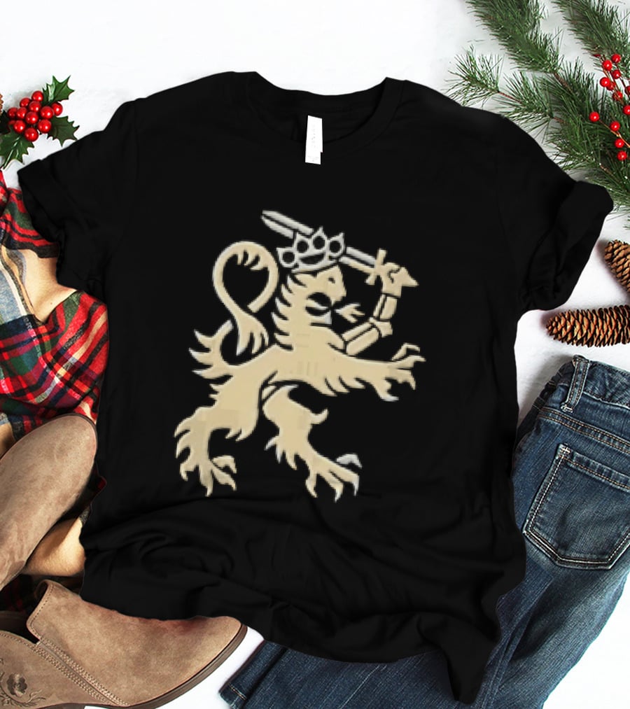 Heraldic Gold Rampant Lion With Crown Sword And Brass Knuckles T-Shirt