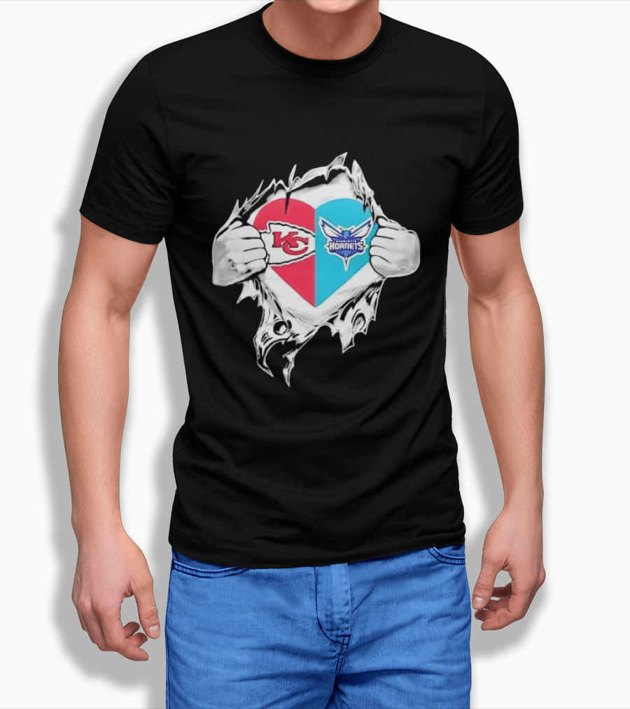Kansas City Chiefs Charlotte Hornets Heart Hands Ripping Open T-Shirt