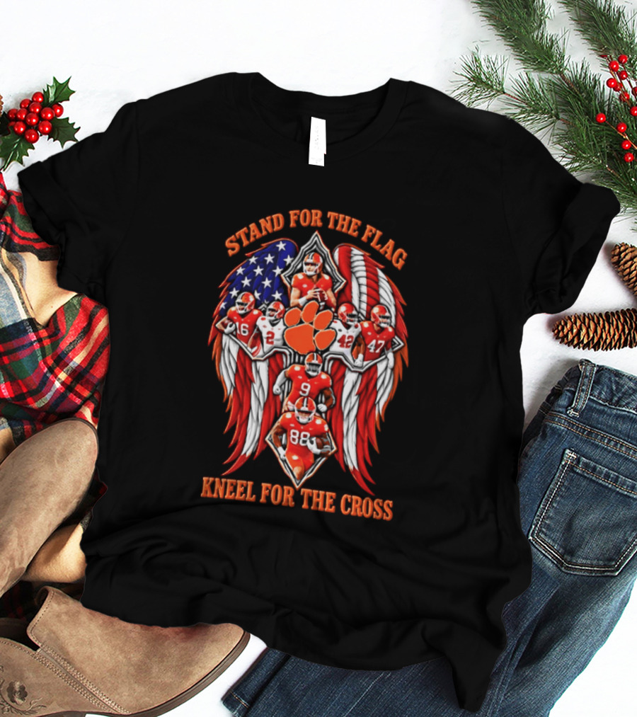 Clemson Tigers Stand For The Flag Kneel For The Cross 2026 American Flag Football Paw T-Shirt