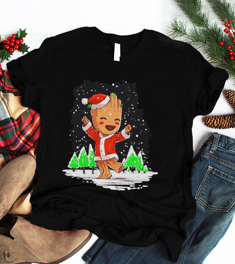 Dancing Santa Groot Christmas Trees Snow Scene T-Shirt