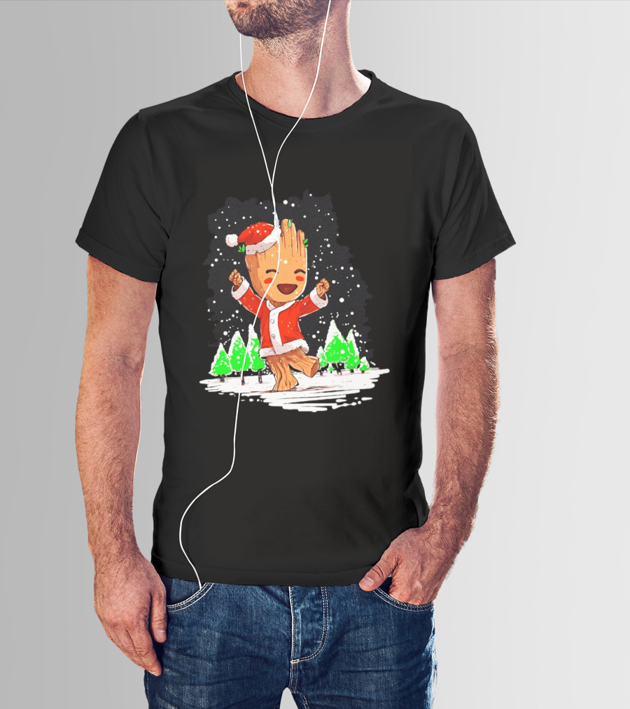 Dancing Santa Groot Christmas Trees Snow Scene T-Shirt