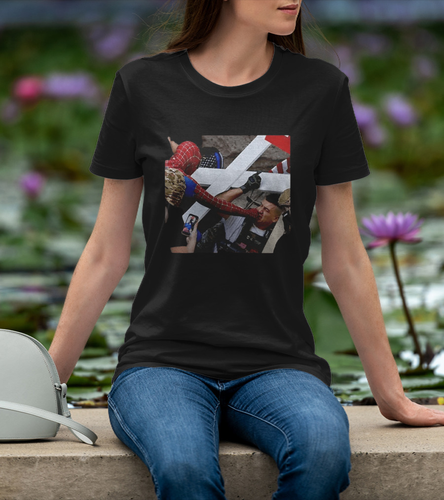 Minneapolis Spider Man Punching Protest Collage With American Flag And Cross T-Shirt