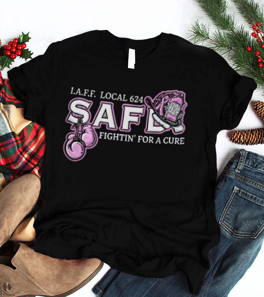 IAFF Local 624 SAFD Fightin' For A Cure Pink Boxing Gloves Firefighter Helmet T-Shirt