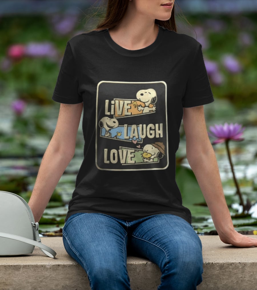 Live Laugh Love Peanuts Snoopy Woodstock Hugging Panels T-Shirt