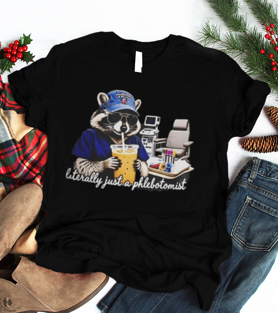 Raccoon Phlebotomist In Scrubs Sipping Drink With Blood Collection Tubes T-Shirt