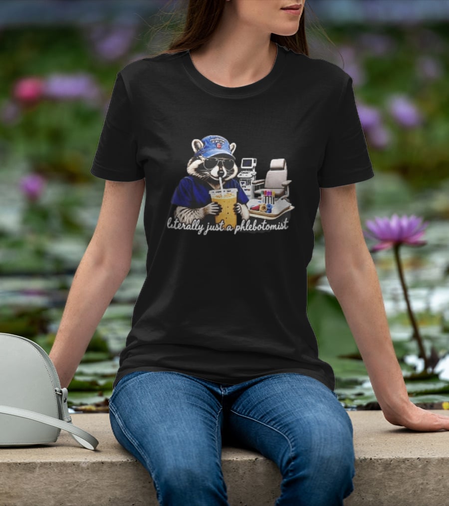 Raccoon Phlebotomist In Scrubs Sipping Drink With Blood Collection Tubes T-Shirt