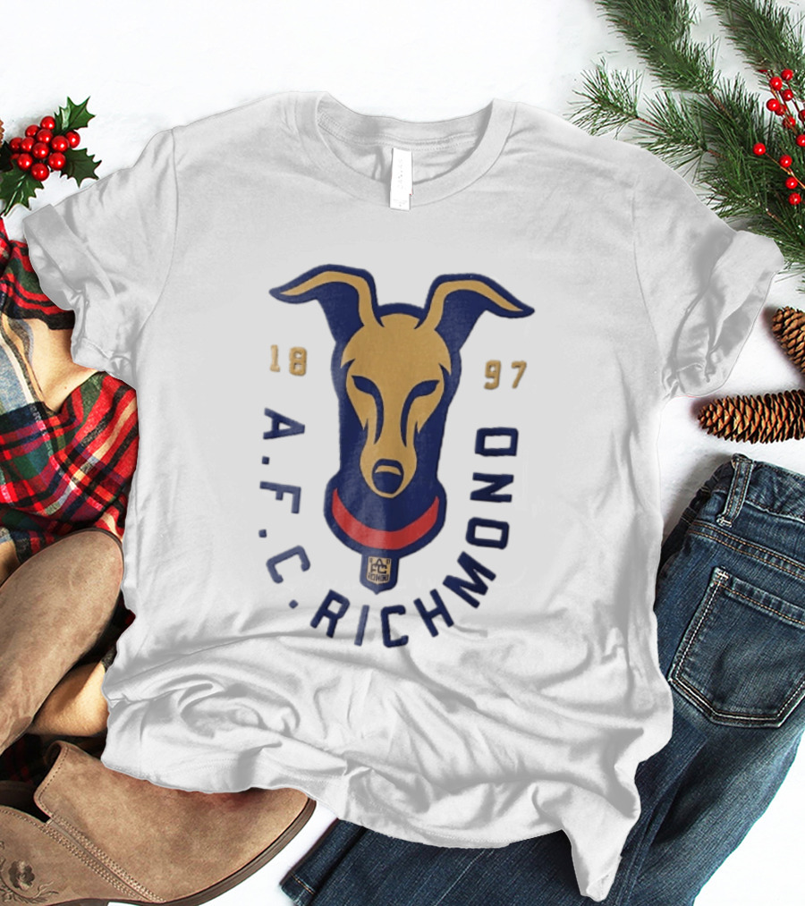 AFC Richmond 1897 Blue And Gold Greyhound Dog Head With Red Collar T-Shirt