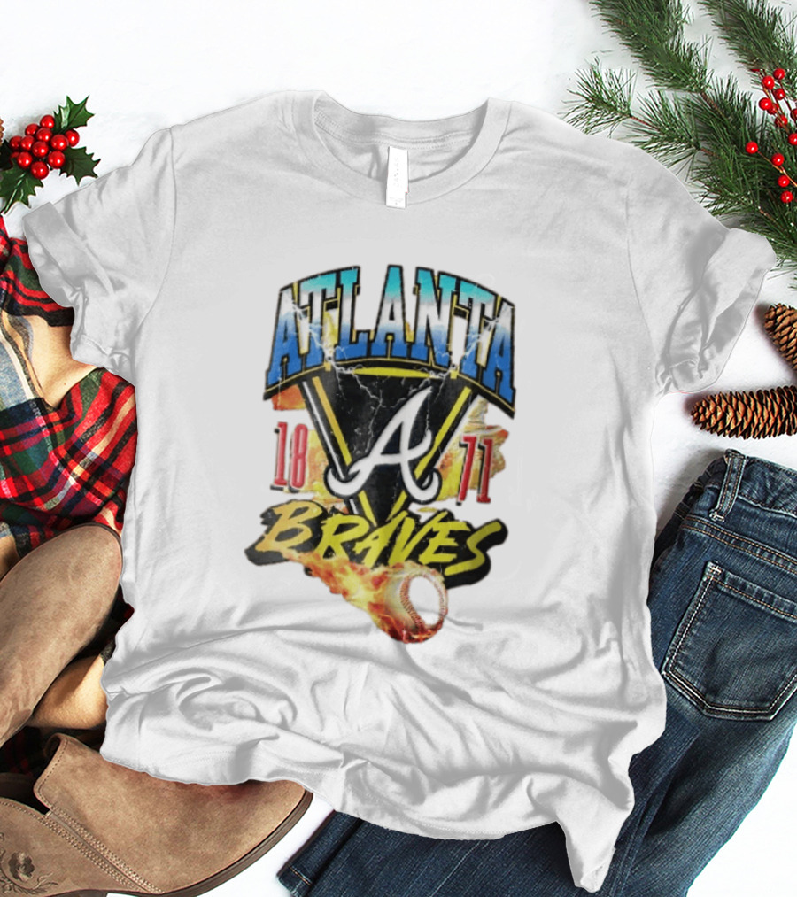 Atlanta Braves 1871 Vintage Flaming Baseball Lightning Triangle T-Shirt