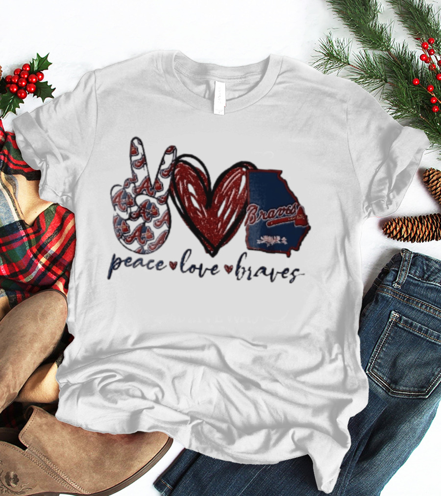 Peace Love Braves Hand Red Glitter Heart Georgia Map T-Shirt