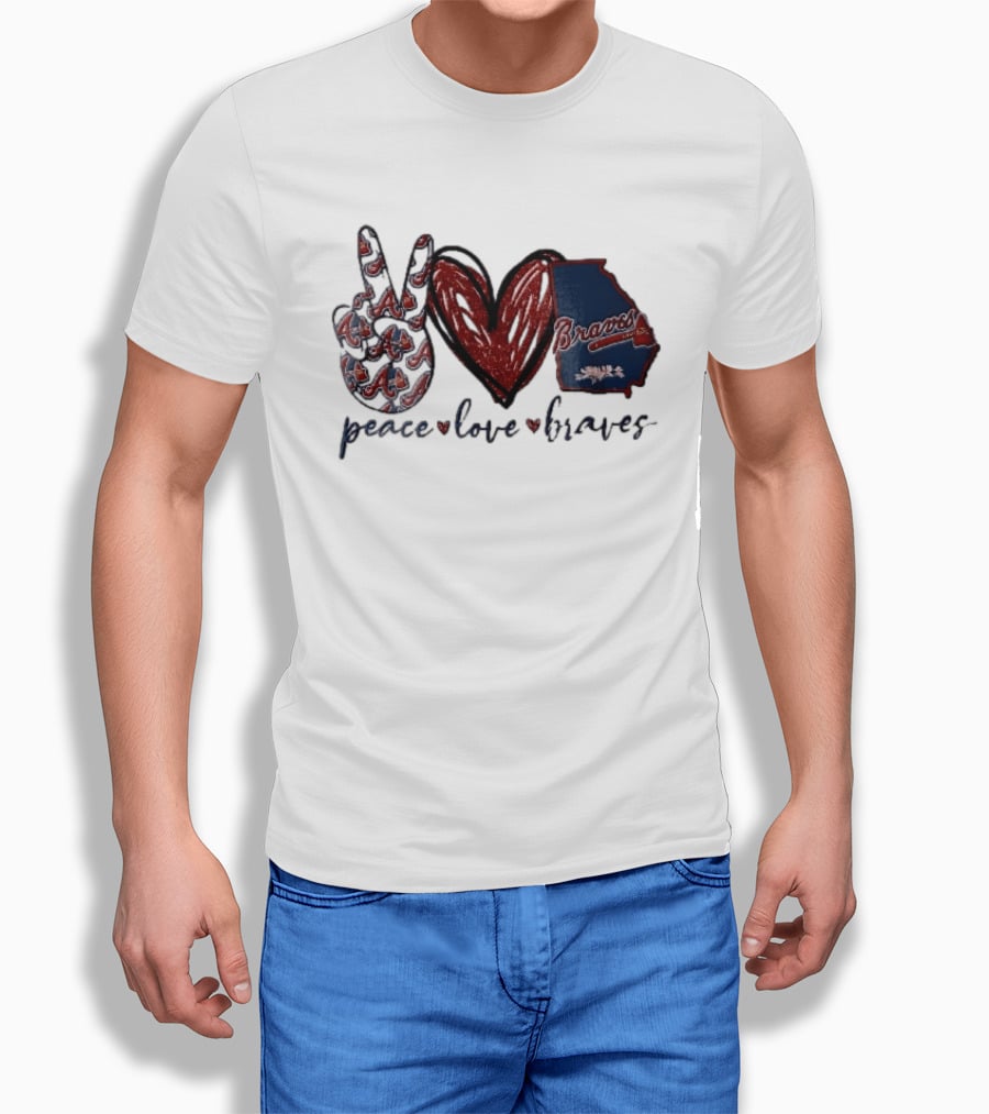 Peace Love Braves Hand Red Glitter Heart Georgia Map T-Shirt